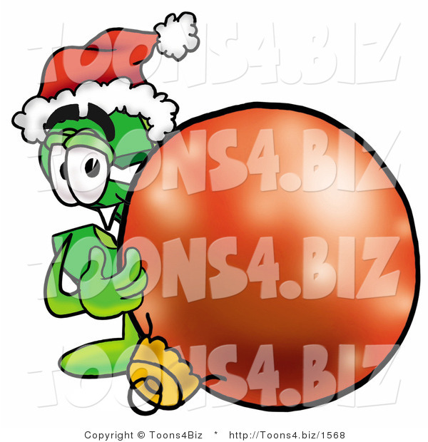 Illustration of a Cartoon Dollar Sign Mascot Wearing a Santa Hat, Standing with a Christmas Bauble