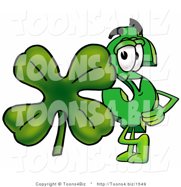 Illustration of a Cartoon Dollar Sign Mascot with a Green Four Leaf Clover on St Paddy's or St Patricks Day