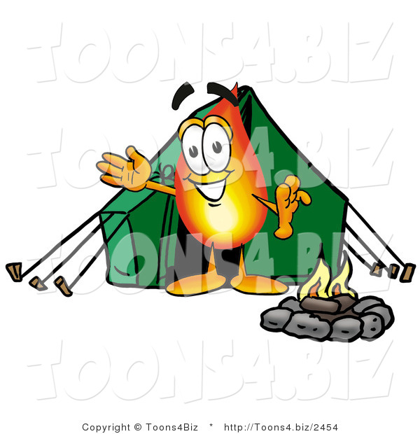 Illustration of a Cartoon Fire Droplet Mascot Camping with a Tent and Fire