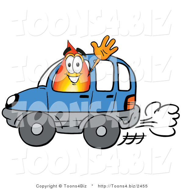 Illustration of a Cartoon Fire Droplet Mascot Driving a Blue Car and Waving