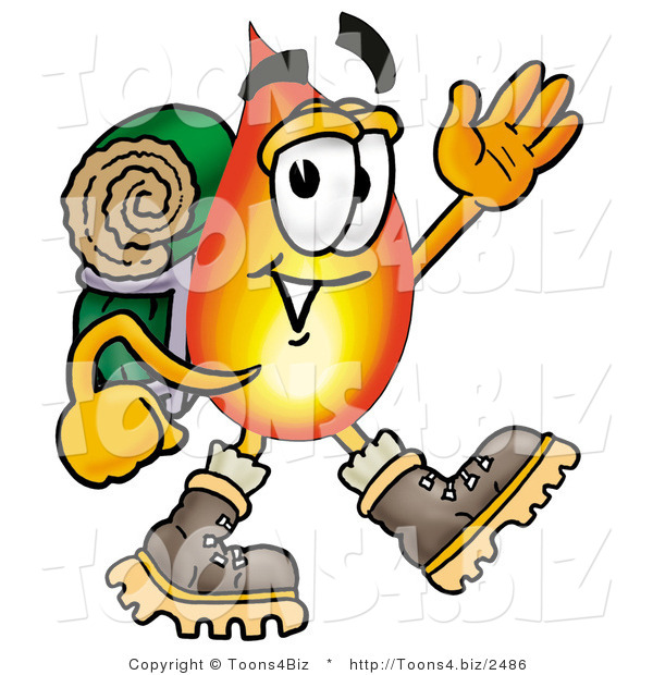 Illustration of a Cartoon Fire Droplet Mascot Hiking and Carrying a Backpack