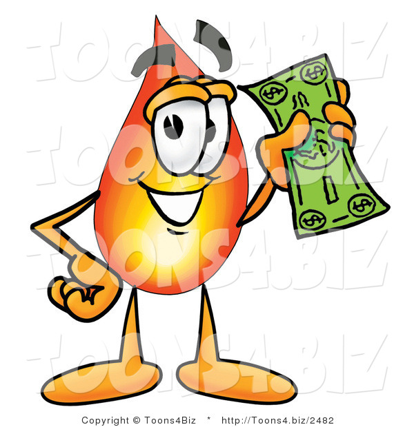 Illustration of a Cartoon Fire Droplet Mascot Holding a Dollar Bill