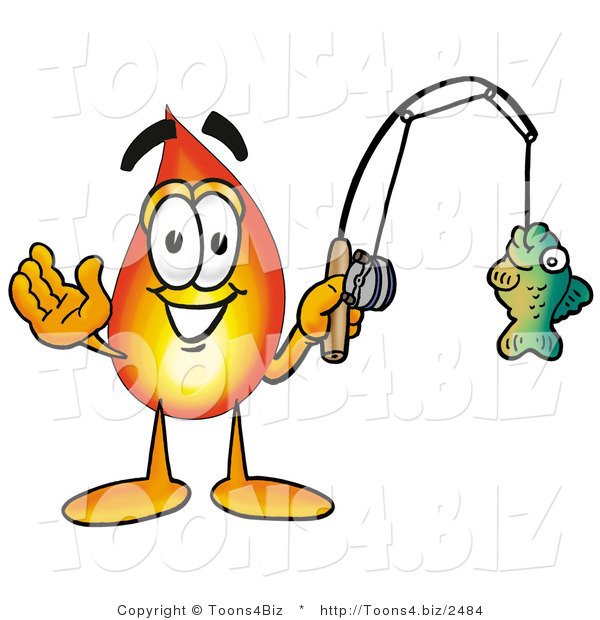 Illustration of a Cartoon Fire Droplet Mascot Holding a Fish on a Fishing Pole