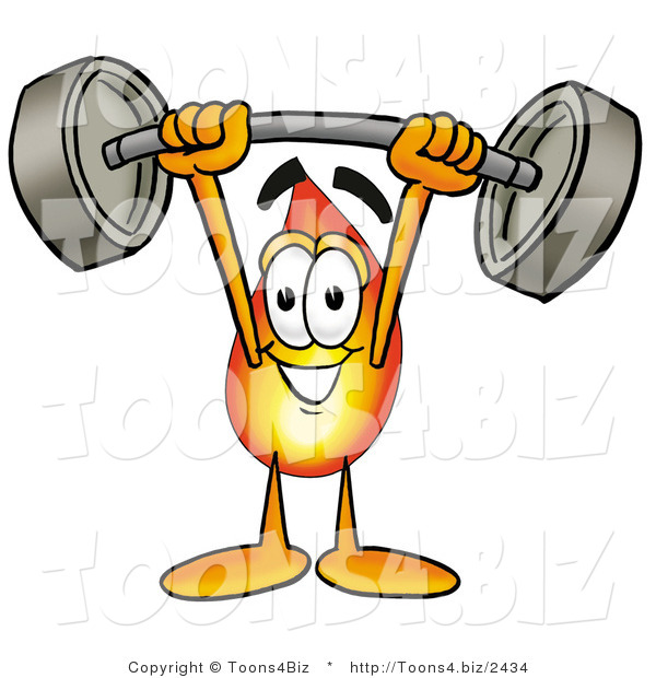 Illustration of a Cartoon Fire Droplet Mascot Holding a Heavy Barbell Above His Head