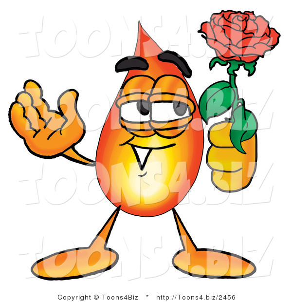 Illustration of a Cartoon Fire Droplet Mascot Holding a Red Rose on Valentines Day