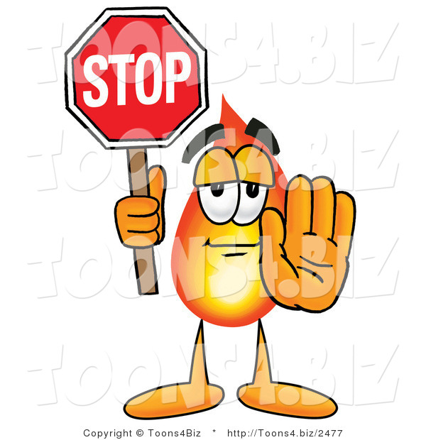 Illustration of a Cartoon Fire Droplet Mascot Holding a Stop Sign