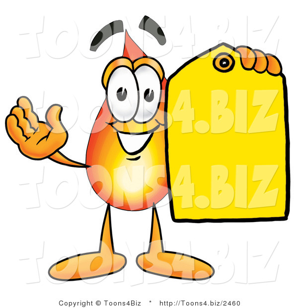 Illustration of a Cartoon Fire Droplet Mascot Holding a Yellow Sales Price Tag