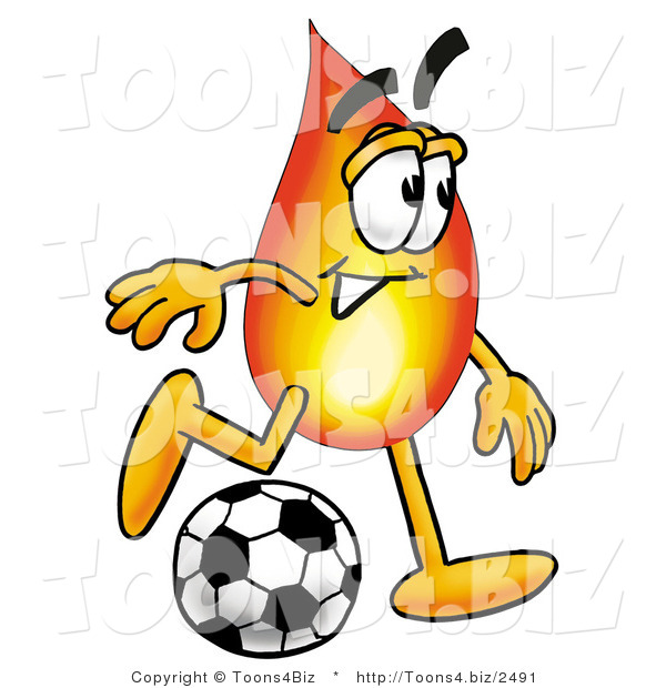 Illustration of a Cartoon Fire Droplet Mascot Kicking a Soccer Ball