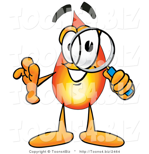 Illustration of a Cartoon Fire Droplet Mascot Looking Through a Magnifying Glass