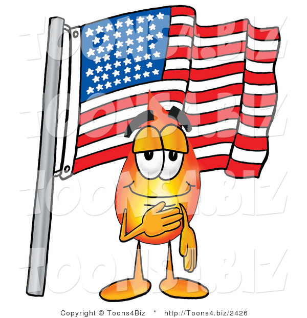 Illustration of a Cartoon Fire Droplet Mascot Pledging Allegiance to an American Flag