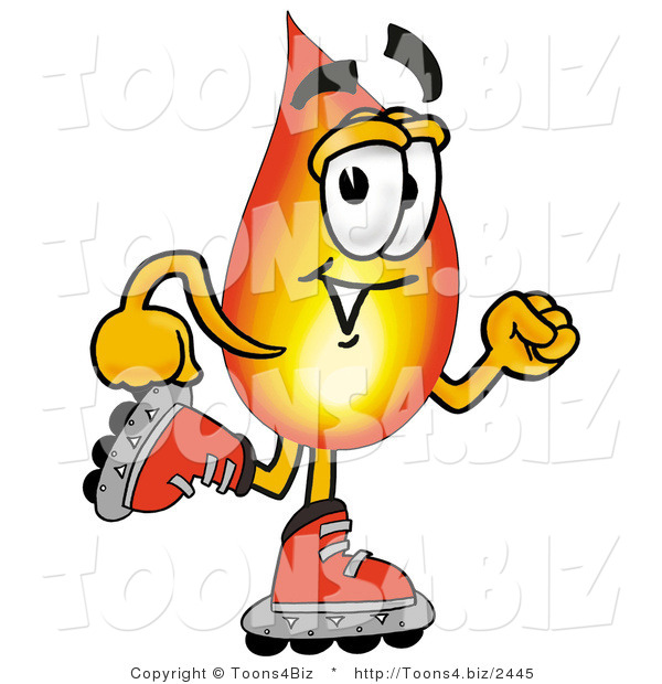 Illustration of a Cartoon Fire Droplet Mascot Roller Blading on Inline Skates