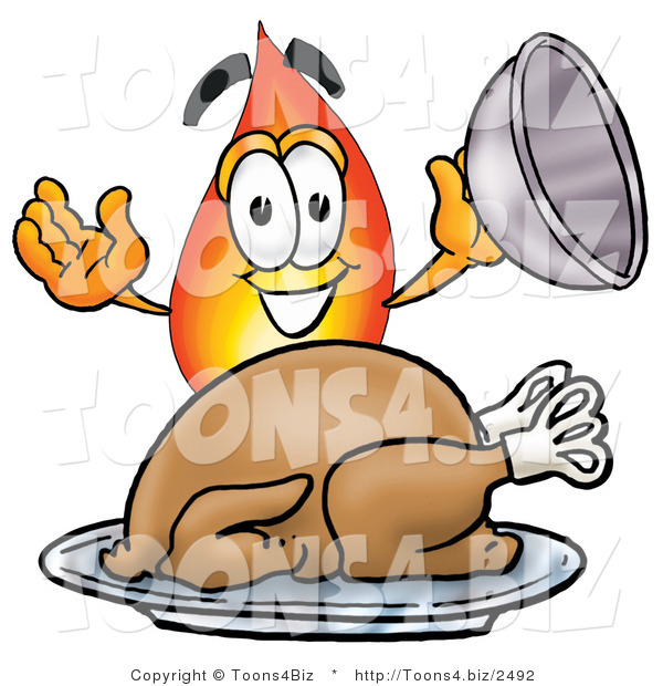 Illustration of a Cartoon Fire Droplet Mascot Serving a Thanksgiving Turkey on a Platter