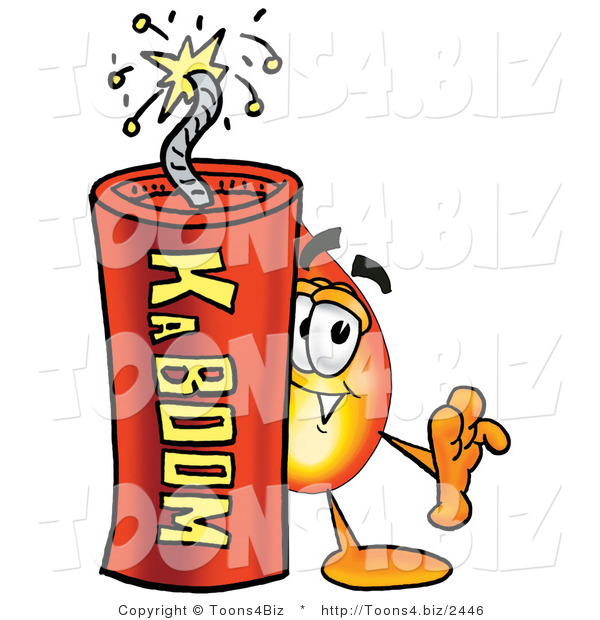 Illustration of a Cartoon Fire Droplet Mascot Standing with a Lit Stick of Dynamite