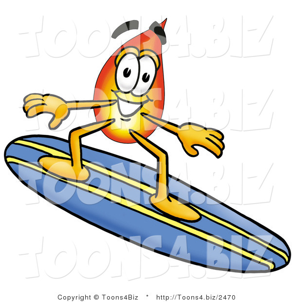 Illustration of a Cartoon Fire Droplet Mascot Surfing on a Blue and Yellow Surfboard