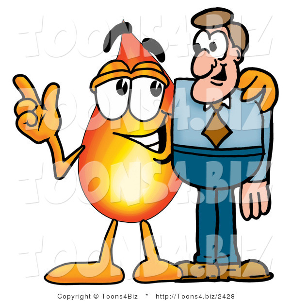 Illustration of a Cartoon Fire Droplet Mascot Talking to a Business Man