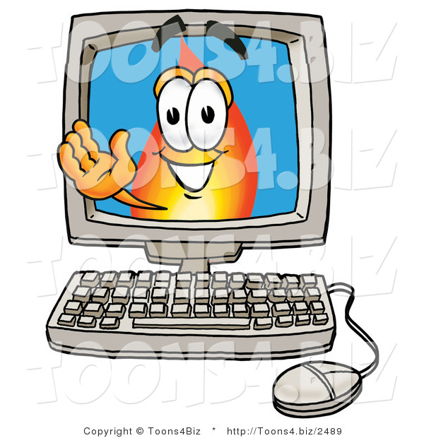 Illustration of a Cartoon Fire Droplet Mascot Waving from Inside a Computer Screen