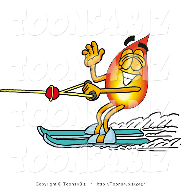 Illustration of a Cartoon Fire Droplet Mascot Waving While Water Skiing