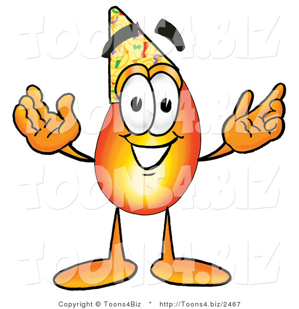 Illustration of a Cartoon Fire Droplet Mascot Wearing a Birthday Party Hat