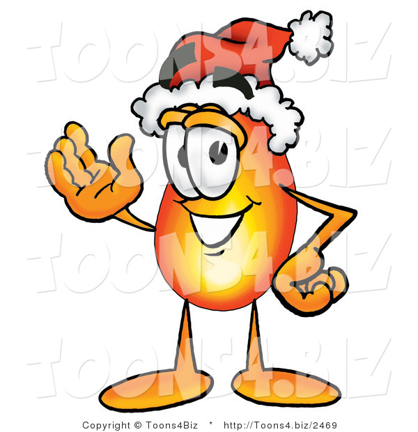 Illustration of a Cartoon Fire Droplet Mascot Wearing a Santa Hat and Waving