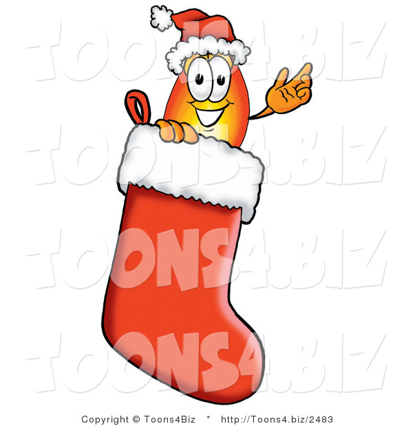 Illustration of a Cartoon Fire Droplet Mascot Wearing a Santa Hat Inside a Red Christmas Stocking