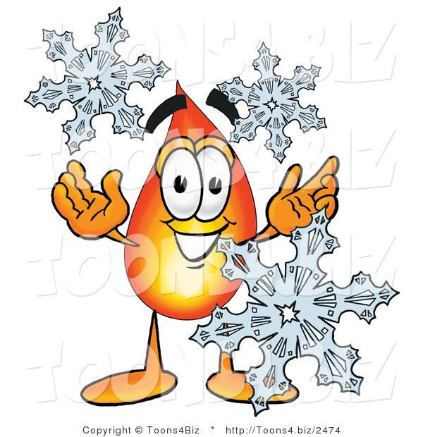 Illustration of a Cartoon Fire Droplet Mascot with Three Snowflakes in Winter
