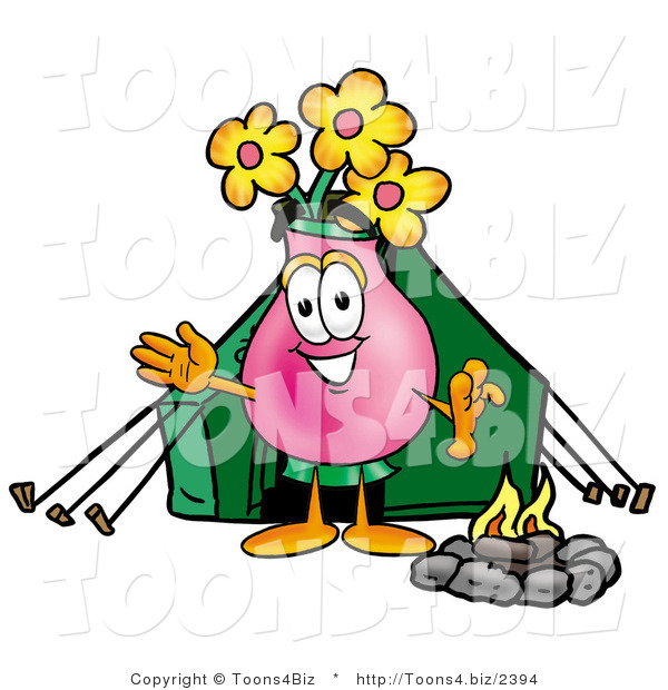 Illustration of a Cartoon Flowers Mascot Camping with a Tent and Fire