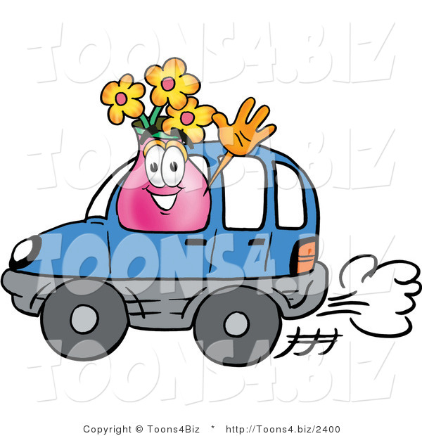 Illustration of a Cartoon Flowers Mascot Driving a Blue Car and Waving