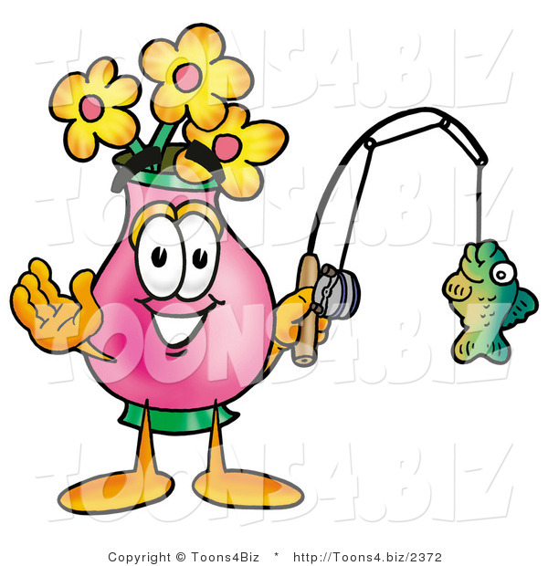 Illustration of a Cartoon Flowers Mascot Holding a Fish on a Fishing Pole