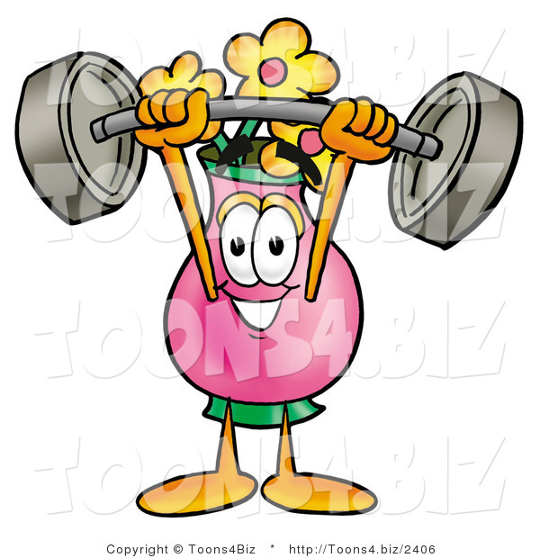 Illustration of a Cartoon Flowers Mascot Holding a Heavy Barbell Above His Head