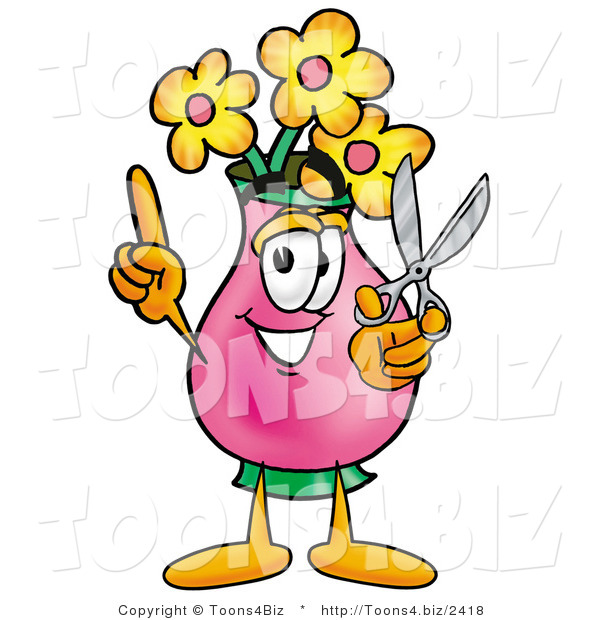Illustration of a Cartoon Flowers Mascot Holding a Pair of Scissors