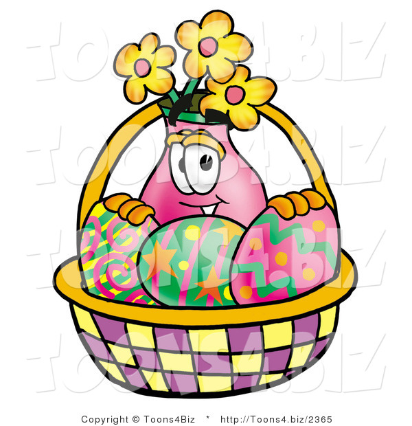 Illustration of a Cartoon Flowers Mascot in an Easter Basket Full of Decorated Easter Eggs