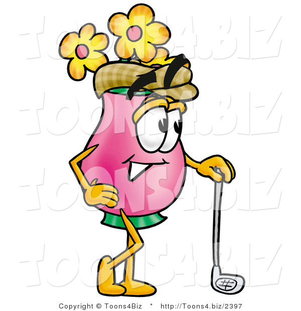 Illustration of a Cartoon Flowers Mascot Leaning on a Golf Club While Golfing