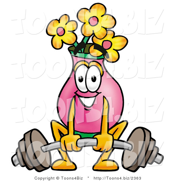 Illustration of a Cartoon Flowers Mascot Lifting a Heavy Barbell