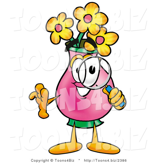 Illustration of a Cartoon Flowers Mascot Looking Through a Magnifying Glass