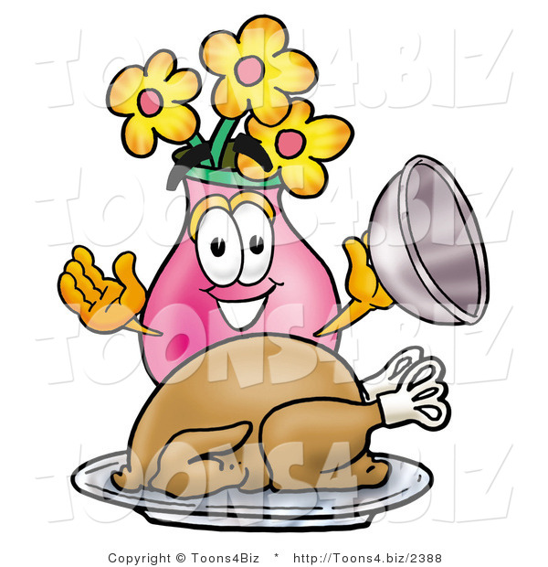 Illustration of a Cartoon Flowers Mascot Serving a Thanksgiving Turkey on a Platter