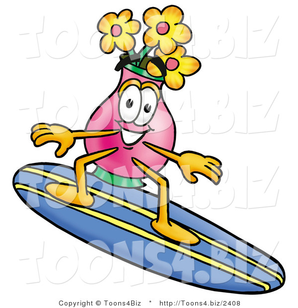 Illustration of a Cartoon Flowers Mascot Surfing on a Blue and Yellow Surfboard