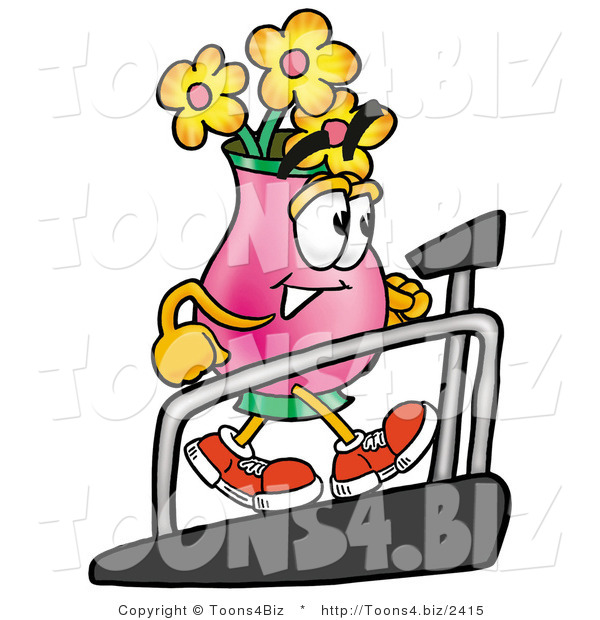 Illustration of a Cartoon Flowers Mascot Walking on a Treadmill in a Fitness Gym