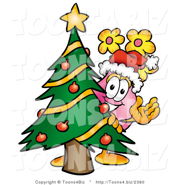 Illustration of a Cartoon Flowers Mascot Waving and Standing by a Decorated Christmas Tree