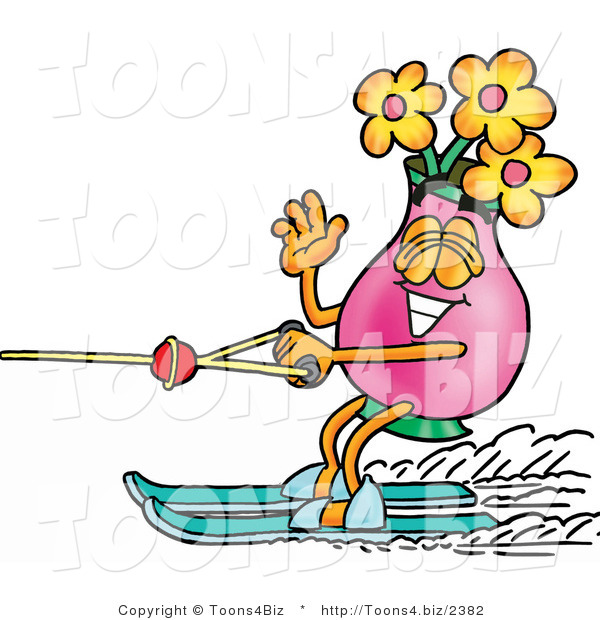 Illustration of a Cartoon Flowers Mascot Waving While Water Skiing