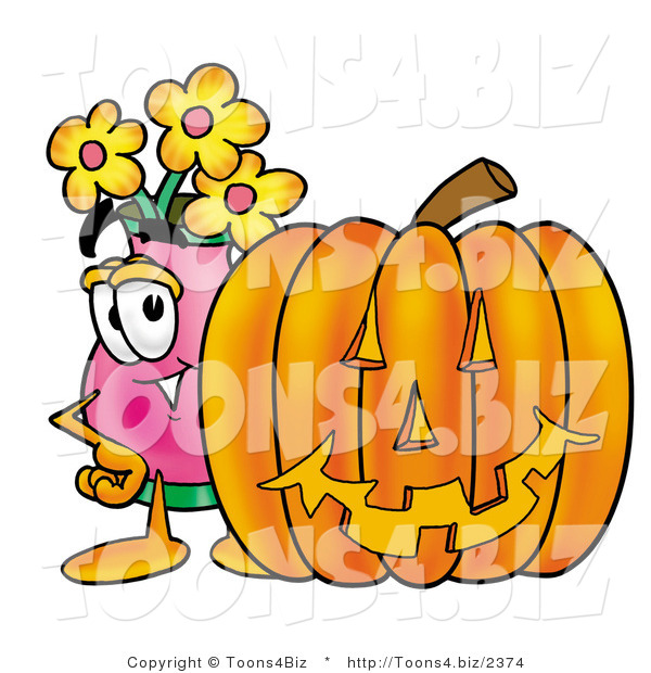 Illustration of a Cartoon Flowers Mascot with a Carved Halloween Pumpkin