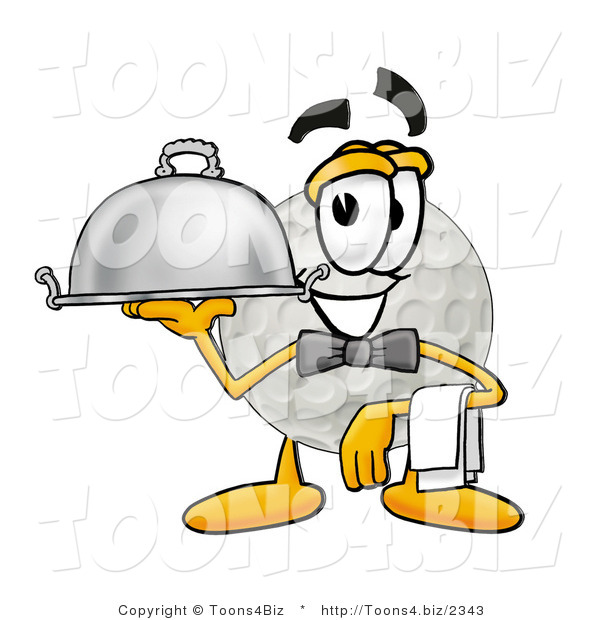 Illustration of a Cartoon Golf Ball Mascot Dressed As a Waiter and Holding a Serving Platter