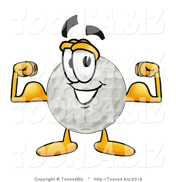 Illustration of a Cartoon Golf Ball Mascot Flexing His Arm Muscles
