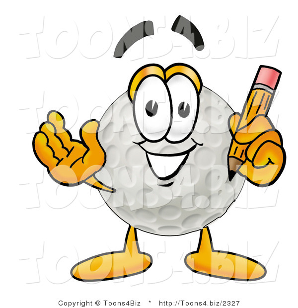 Illustration of a Cartoon Golf Ball Mascot Holding a Pencil