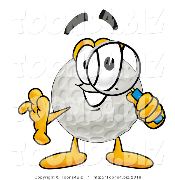 Illustration of a Cartoon Golf Ball Mascot Looking Through a Magnifying Glass
