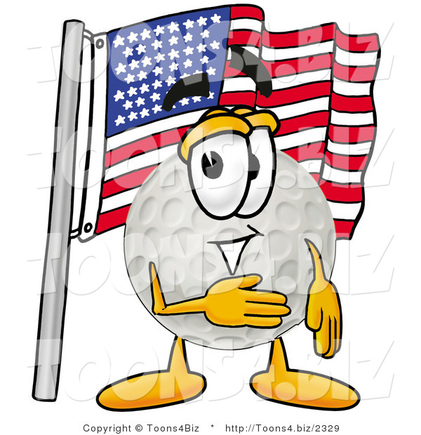 Illustration of a Cartoon Golf Ball Mascot Pledging Allegiance to an American Flag