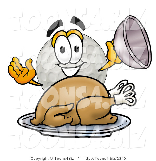 Illustration of a Cartoon Golf Ball Mascot Serving a Thanksgiving Turkey on a Platter