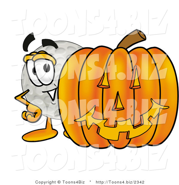 Illustration of a Cartoon Golf Ball Mascot with a Carved Halloween Pumpkin