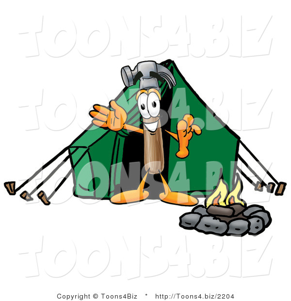 Illustration of a Cartoon Hammer Mascot Camping with a Tent and Fire
