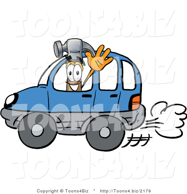 Illustration of a Cartoon Hammer Mascot Driving a Blue Car and Waving