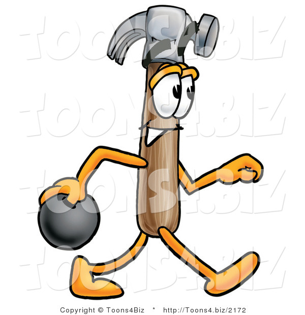 Illustration of a Cartoon Hammer Mascot Holding a Bowling Ball